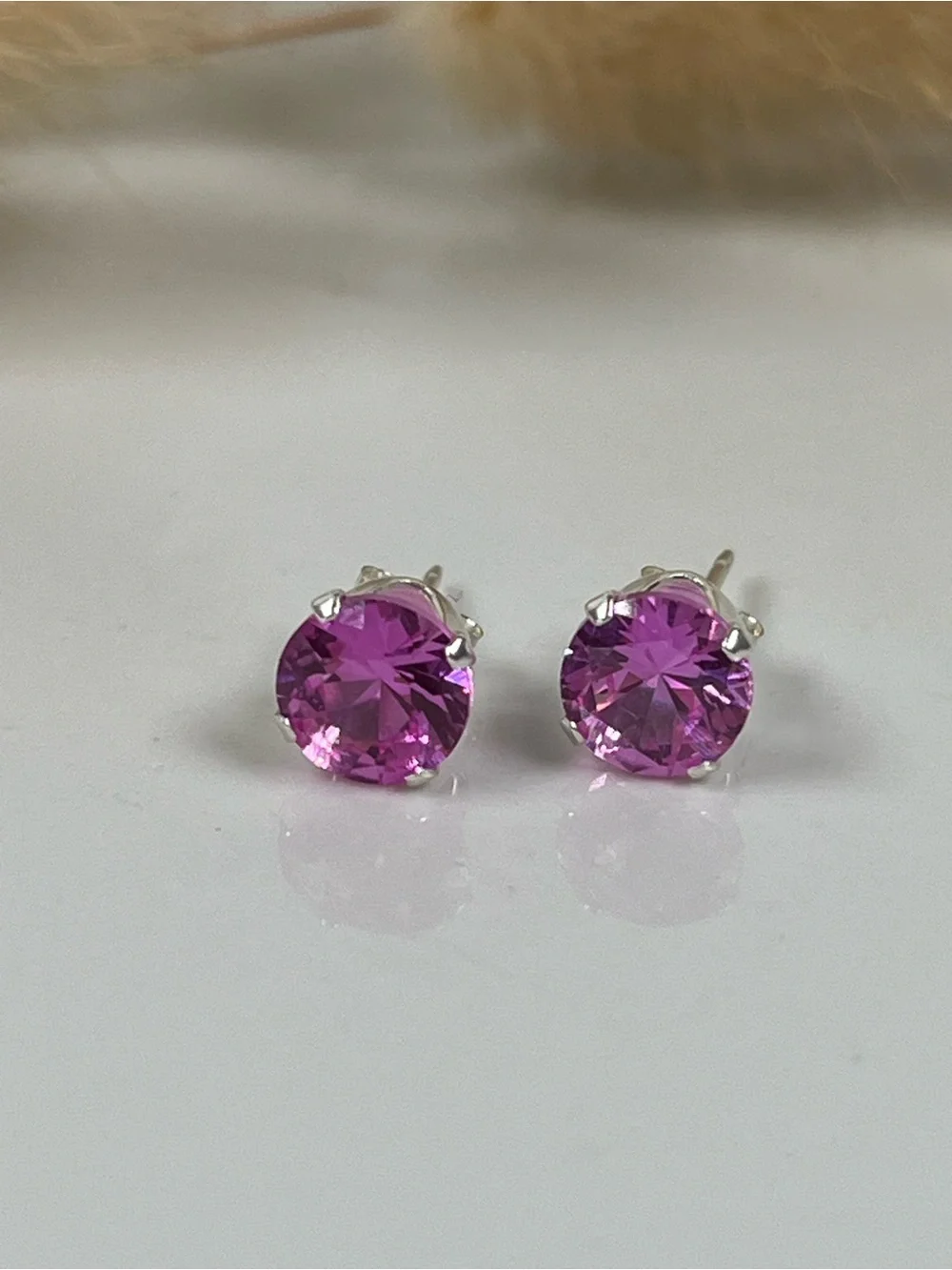 Solid Sterling Silver Pink Sapphire Gemstone Stud Post Back Earrings